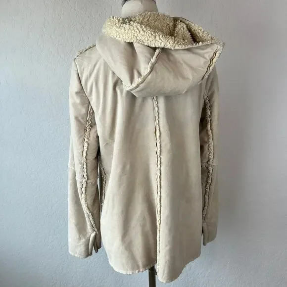 Vintage Y2K Faux Suede Faux Fur Sherpa Lined Jacket Button Up Hood size Medium - Picture 2 of 13